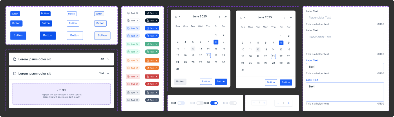 Component system — buttons, chips, calendars, text fields, switches, quantity selectors
